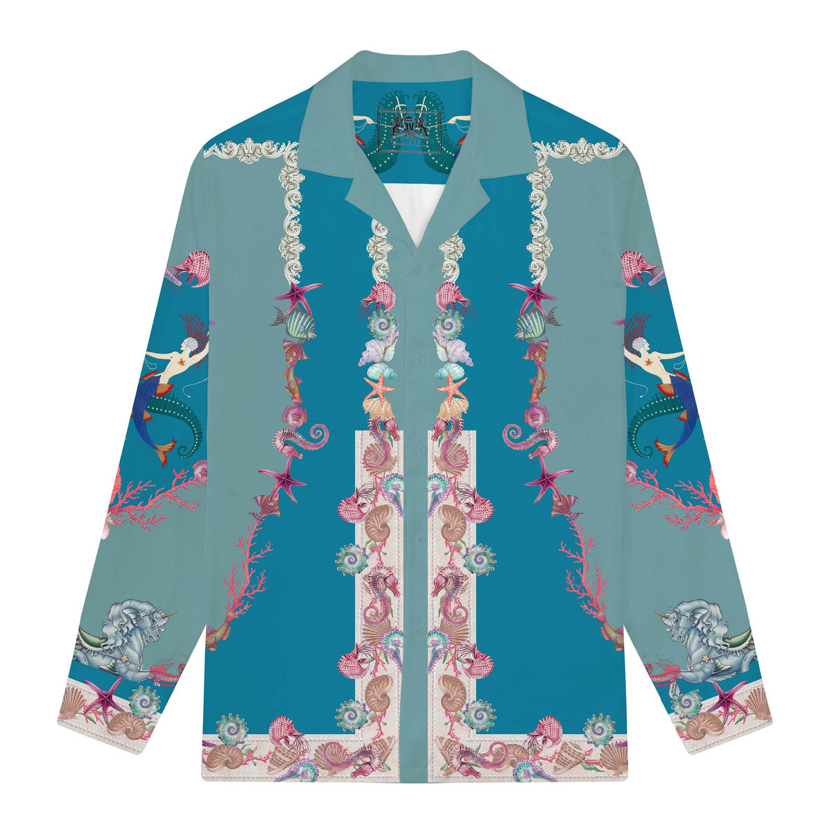 Mermaid and Ocean Print Long Sleeve Camp Collar Shirt