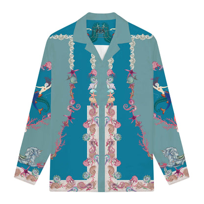 Mermaid and Ocean Print Long Sleeve Camp Collar Shirt