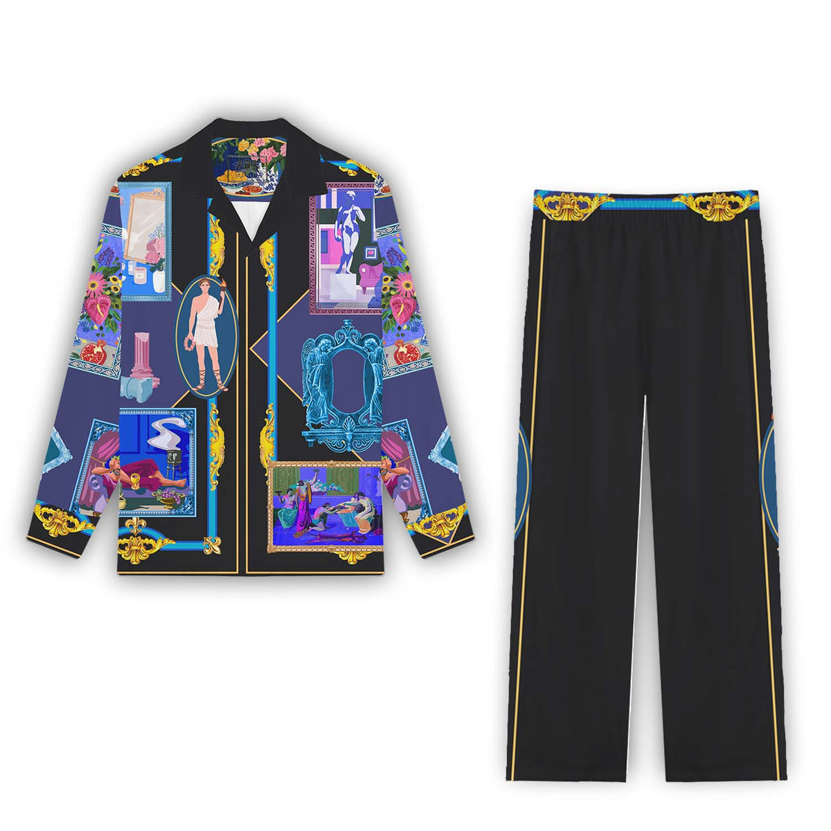 Vintage Gallery Print Casual Trousers With Elastic Waistband