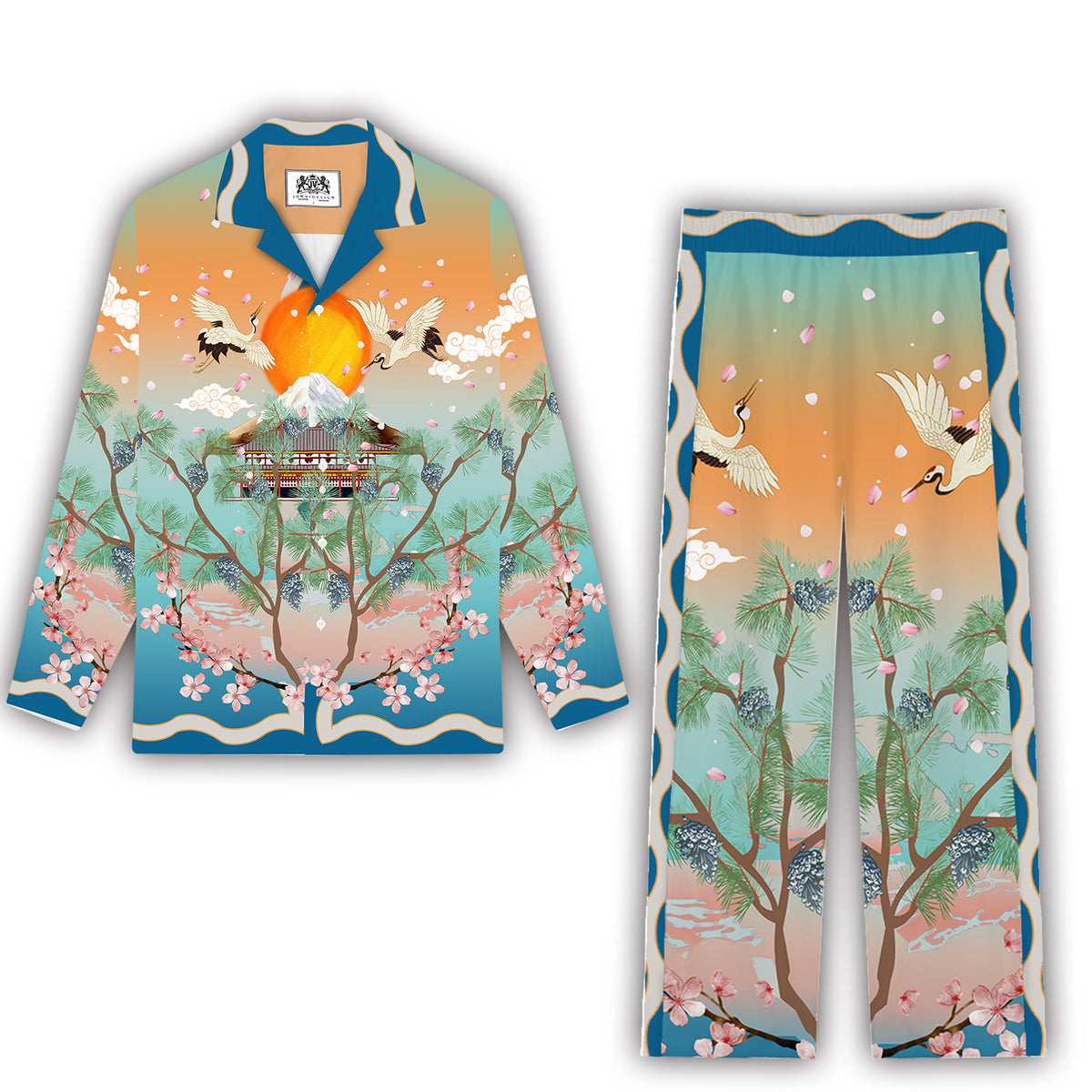 Sunrise Crane Print Casual Trousers With Elastic Waistband