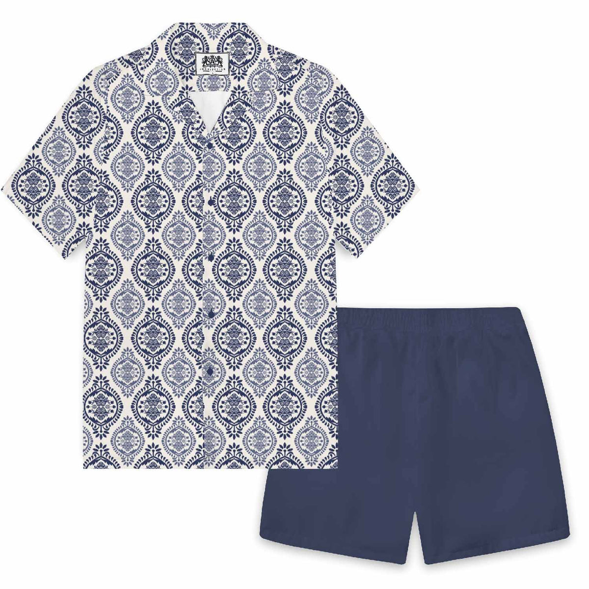 Blue And White Porcelain Pattern Camp Collar Short-Sleeved Shirt