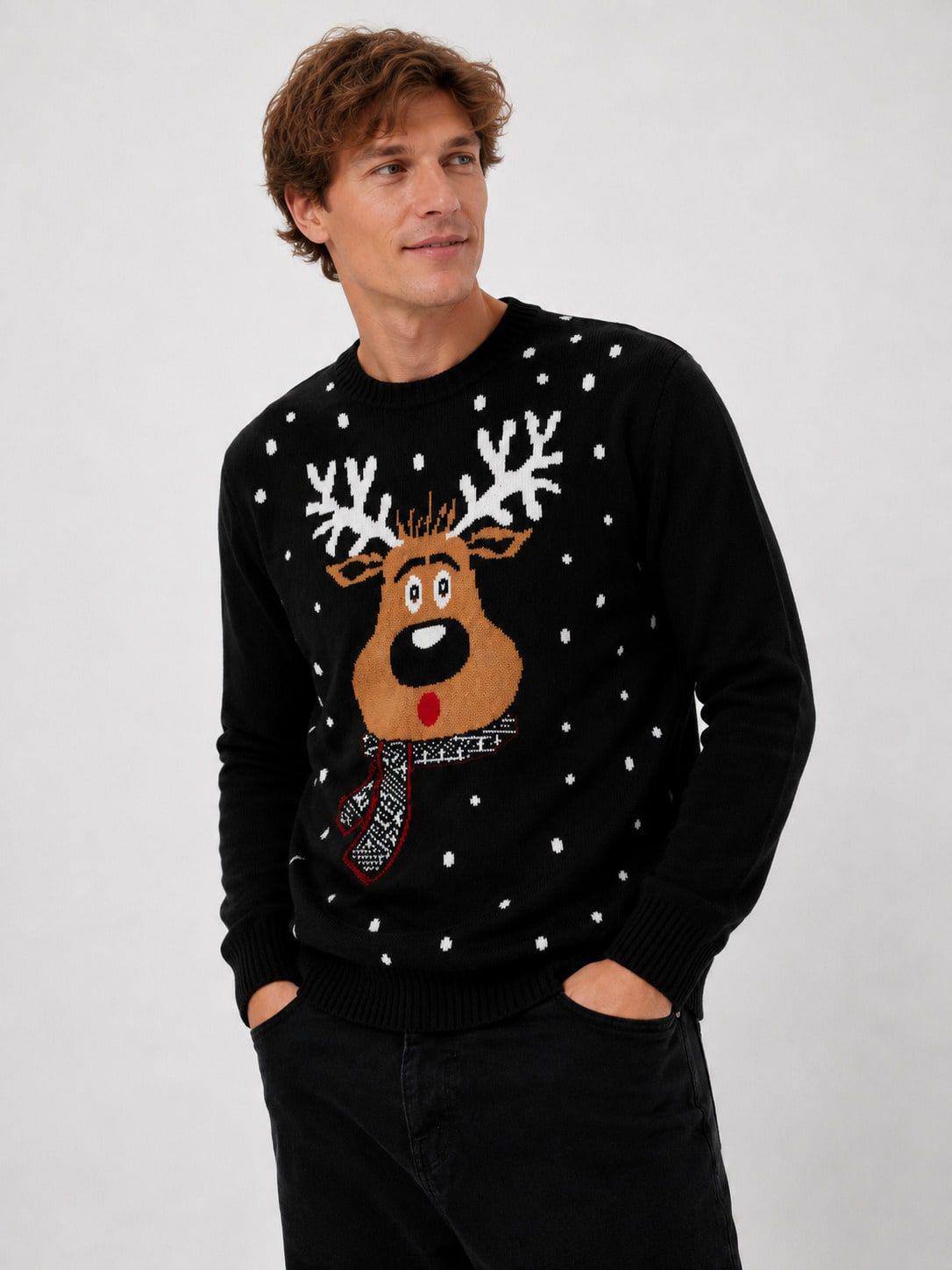 Men'S Black Christmas Cartoon Reindeer Knit Sweater