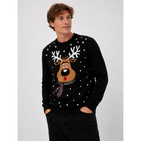 Men'S Black Christmas Cartoon Reindeer Knit Sweater
