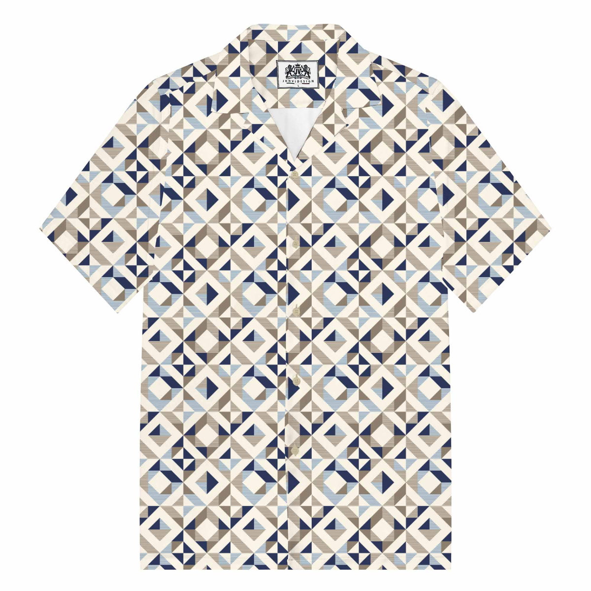 Geometric Square Print Camp Collar Short-Sleeved Shirt