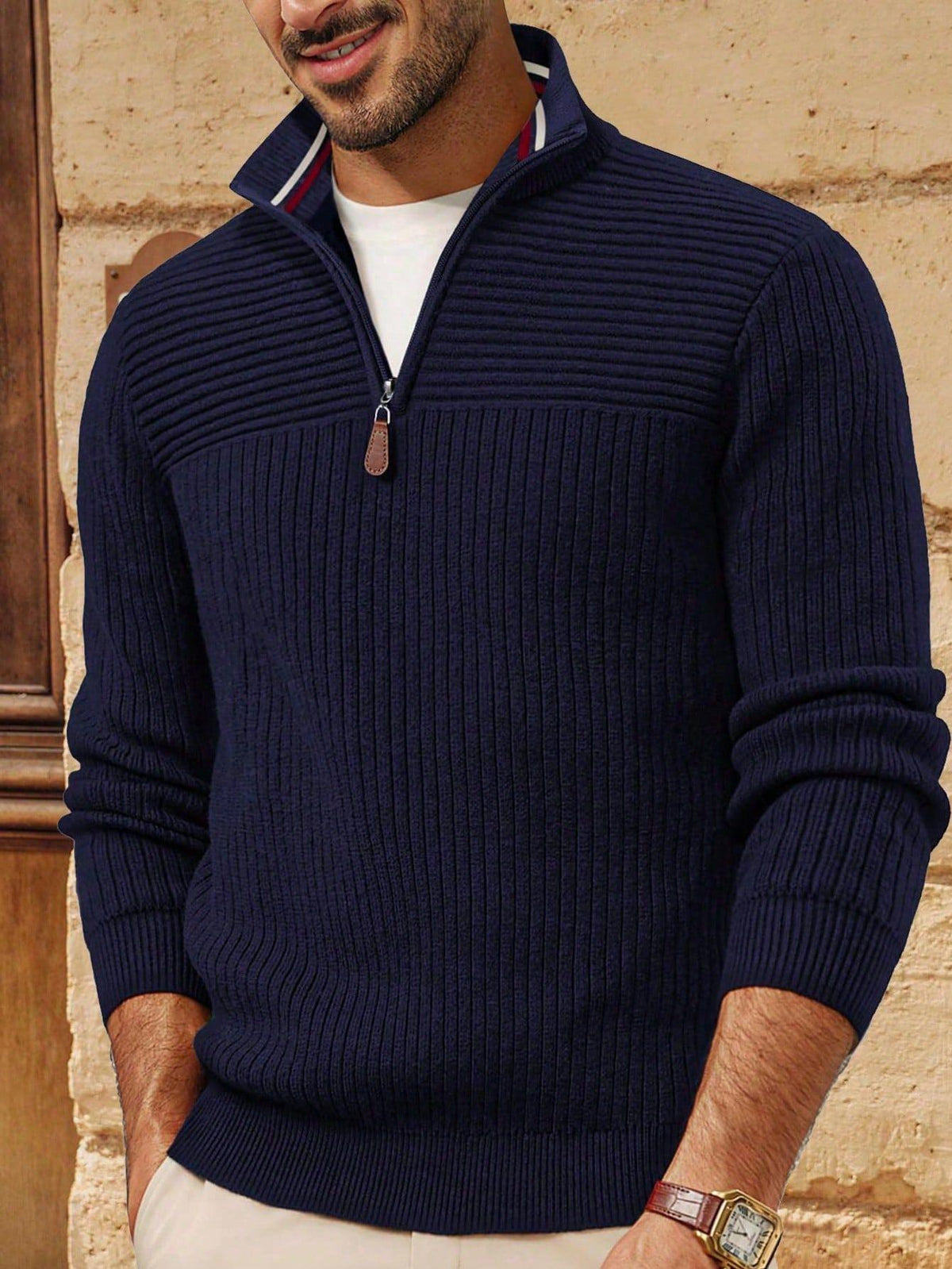 Men'S Half Zip Ribbed Knit Pullover Sweater