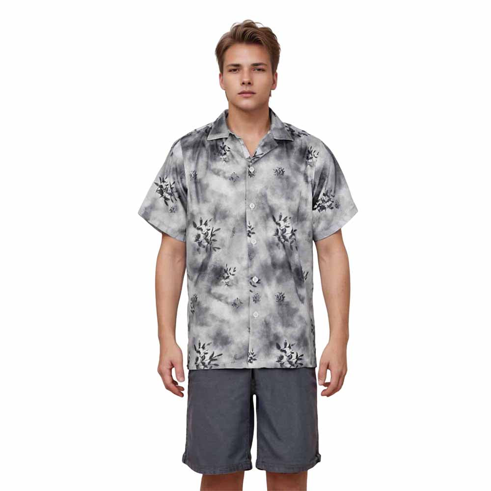 Gray Leaf Print Camp Collar Short Sleeve Shirt