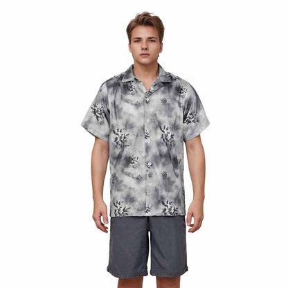 Gray Leaf Print Camp Collar Short Sleeve Shirt