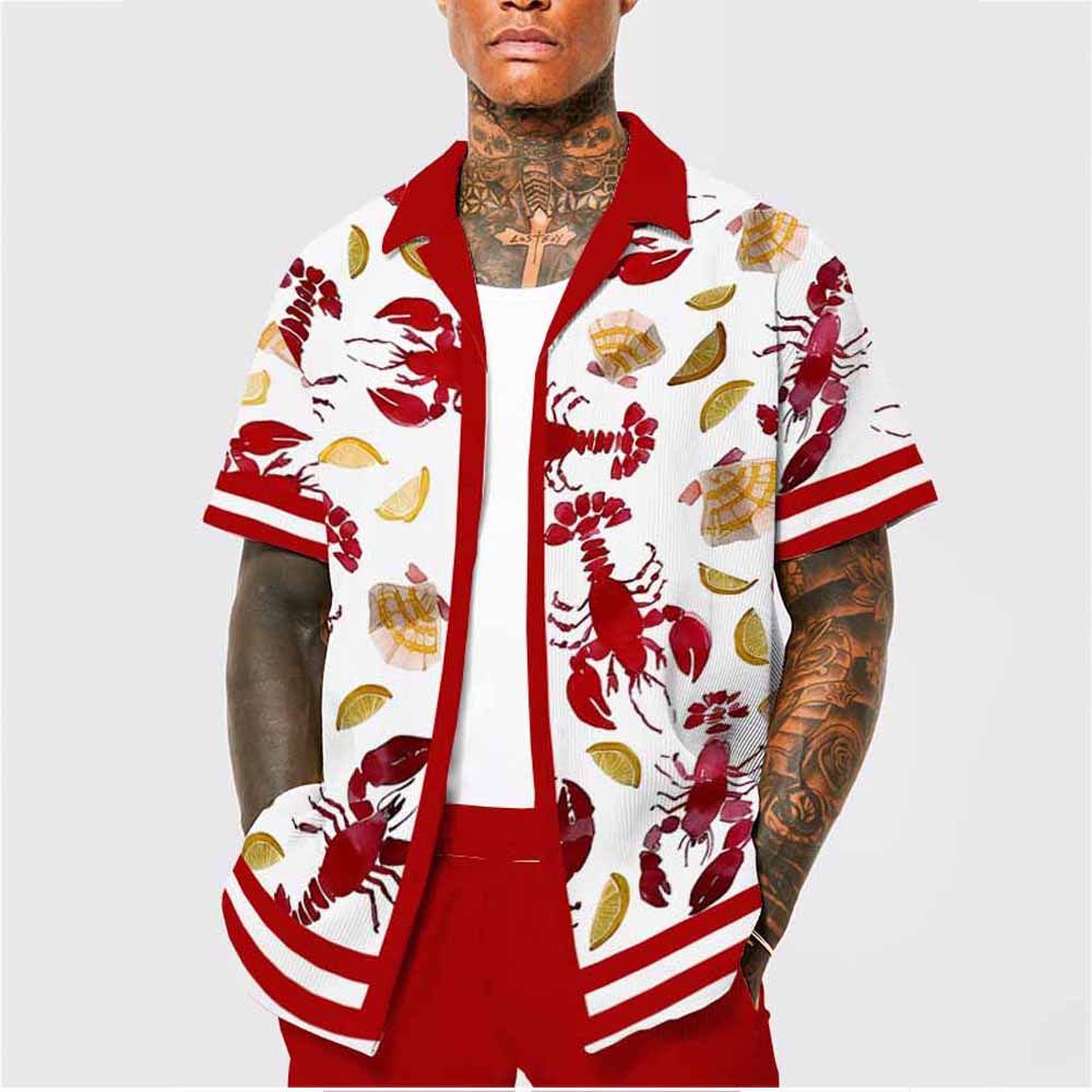 Lemon Slice Crayfish Pattern Camp Collar Short Sleeve Shirt