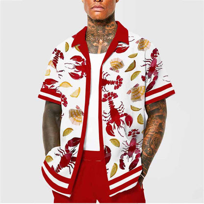 Lemon Slice Crayfish Pattern Camp Collar Short Sleeve Shirt
