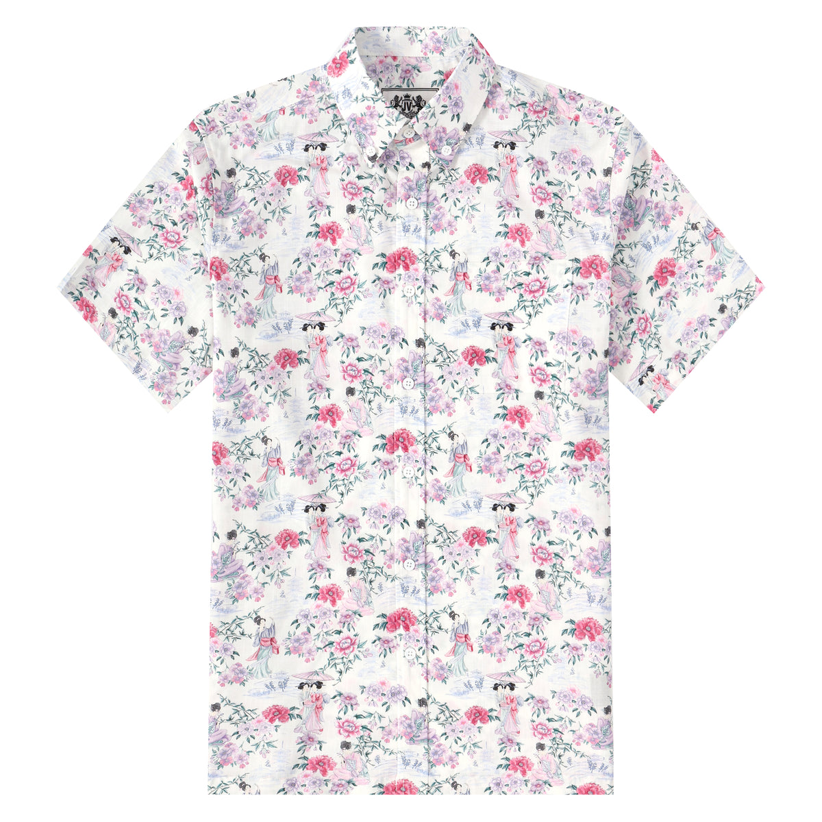 Ancient Female Floral Pattern Button Short Sleeve Shirt