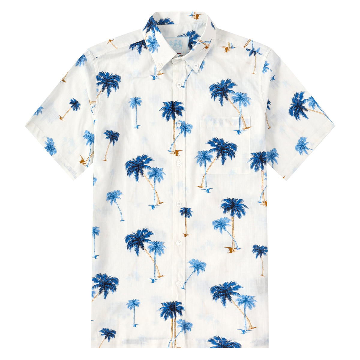 Blue Palm Tree Pattern Button Short Sleeve Shirt