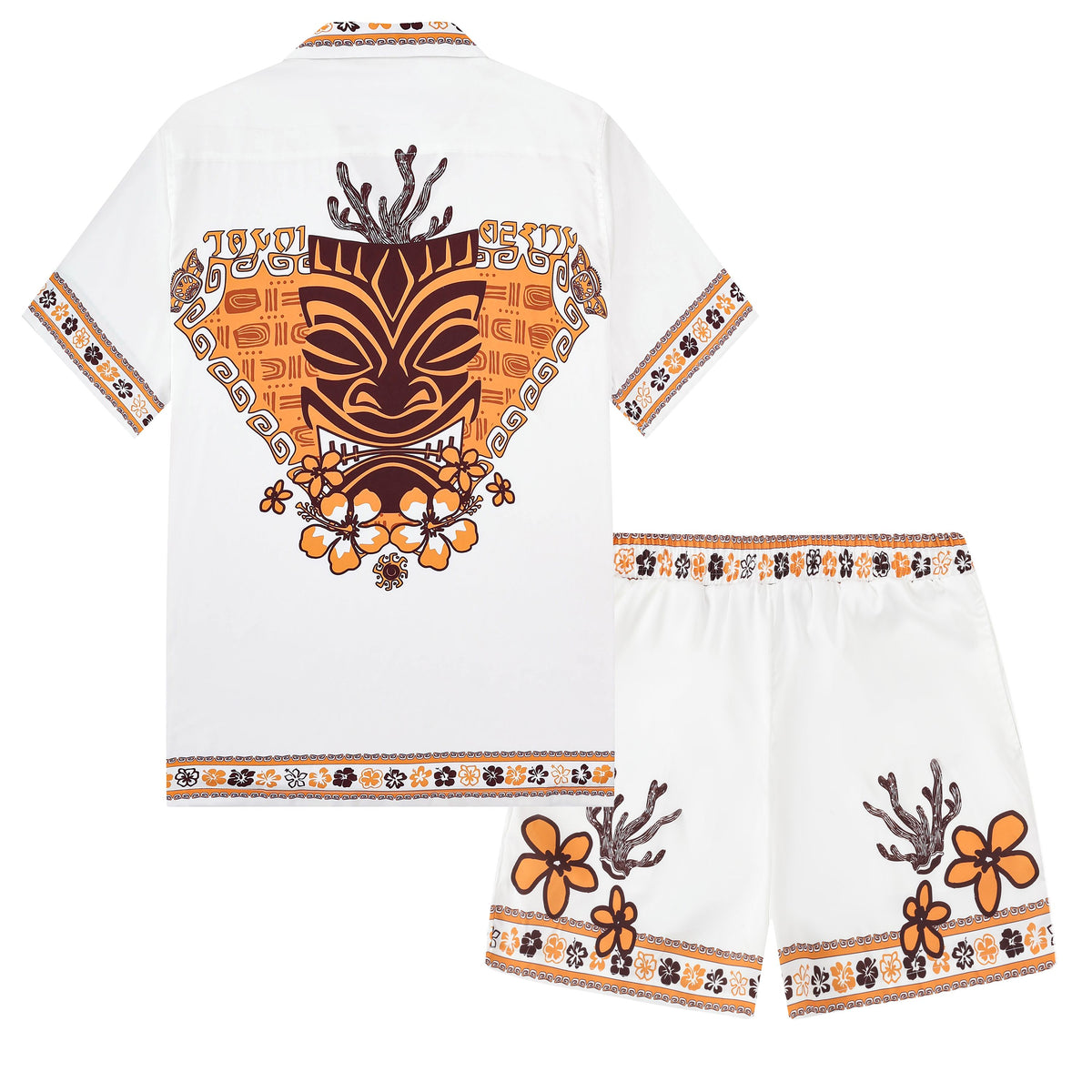 Hawaiian Tiki Themed Pattern Short Sleeve Camp Collar Shirt