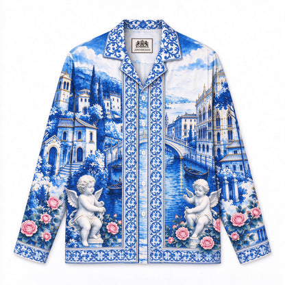 Blue White Porcelain Venetian Cherub Rose Long Sleeve Shirt