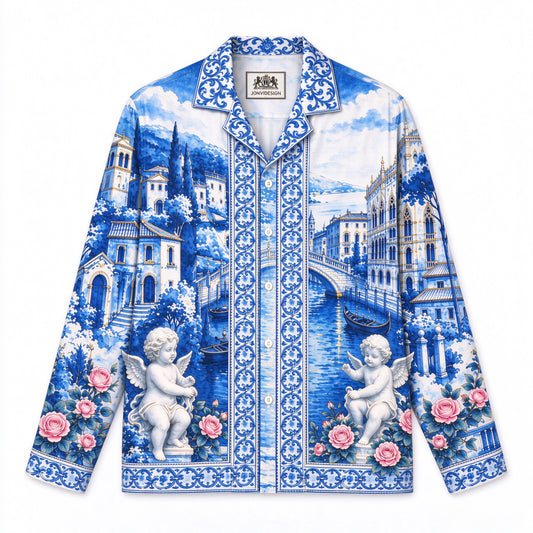 Blue White Porcelain Venetian Cherub Rose Long Sleeve Shirt