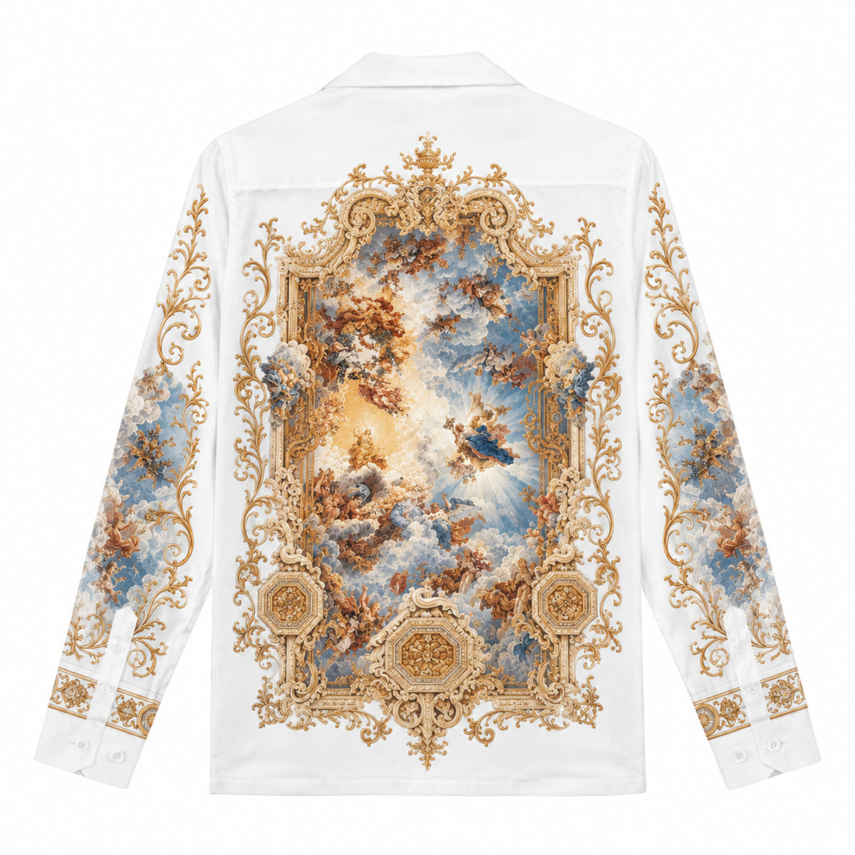 Golden-framed Auspicious Cloud Angel Print Long Sleeve Camp Collar Shirt