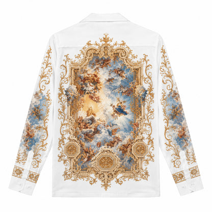 Golden-framed Auspicious Cloud Angel Print Long Sleeve Camp Collar Shirt