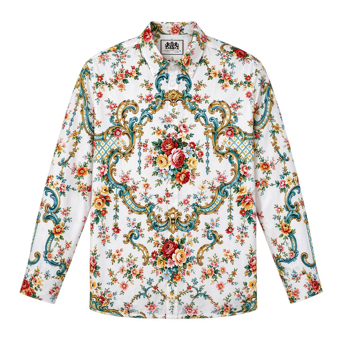 White Teal Gold Baroque Rose Print Long Sleeve Shirt