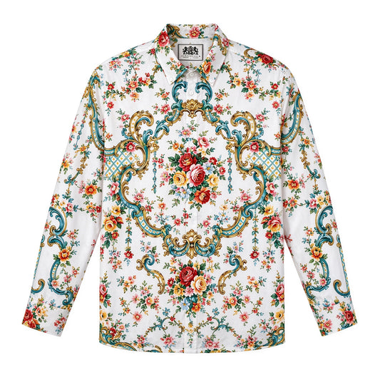 White Teal Gold Baroque Rose Print Long Sleeve Shirt