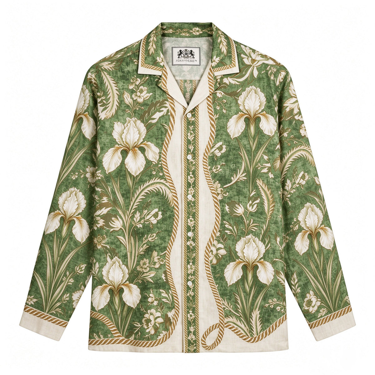 Emerald Grass Pattern Print Long Sleeve Camp Collar Shirt