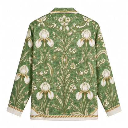 Emerald Grass Pattern Print Long Sleeve Camp Collar Shirt