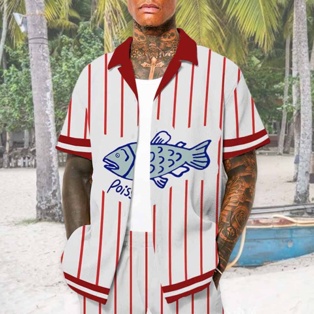 Vertical Striped Fish Pattern Camp Collar Short Sleeve Shirt