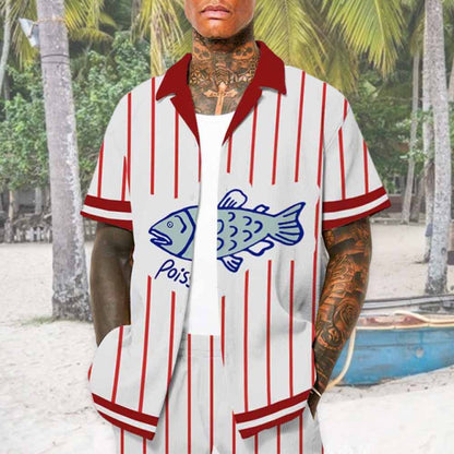 Vertical Striped Fish Pattern Camp Collar Short Sleeve Shirt