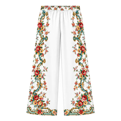 White Teal Gold Baroque Rose Print Long Sleeve Wide pants
