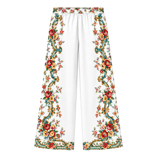White Teal Gold Baroque Rose Print Long Sleeve Wide pants