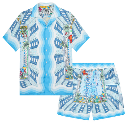 Resort Pool Print Camp Collar Short Sleeve Shirt