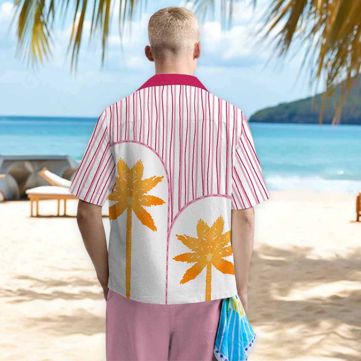 Summer Vertical Striped Coconut Tree Print Camp Collar Short Sleeve Shirt