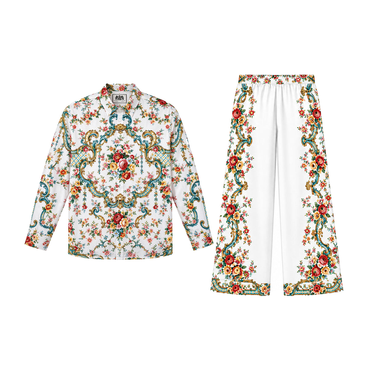White Teal Gold Baroque Rose Print Long Sleeve Wide pants
