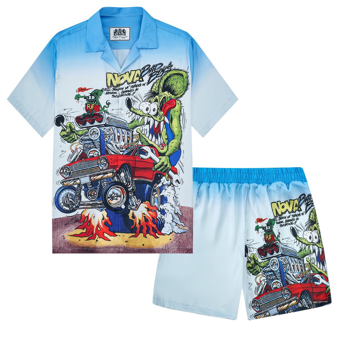 Blue Gradient Mouse Modified Car Print On Black Background Camp Collar Short Sleeve Shirt