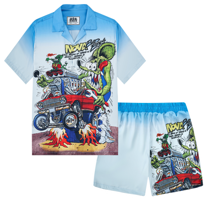 Blue Gradient Mouse Modified Car Print On Black Background Camp Collar Short Sleeve Shirt