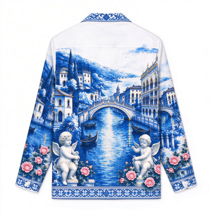 Blue White Porcelain Venetian Cherub Rose Long Sleeve Shirt