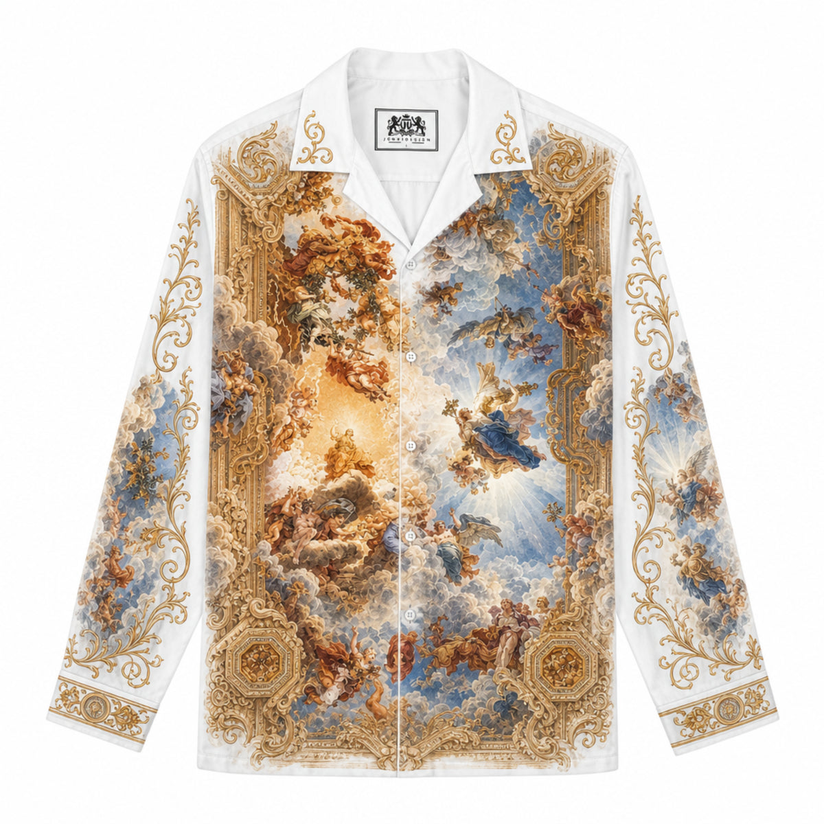 Golden-framed Auspicious Cloud Angel Print Long Sleeve Camp Collar Shirt