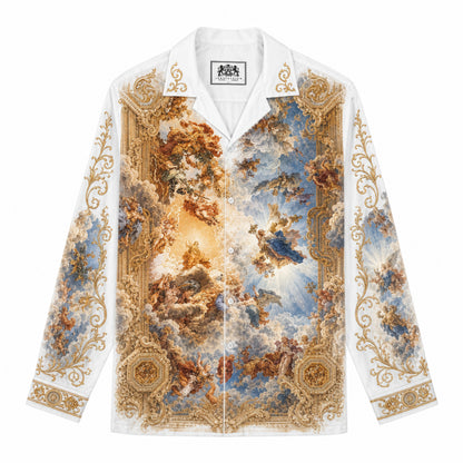 Golden-framed Auspicious Cloud Angel Print Long Sleeve Camp Collar Shirt