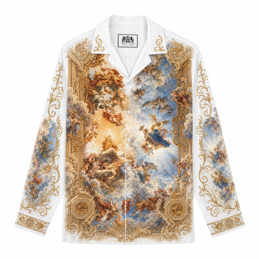 Golden-framed Auspicious Cloud Angel Print Long Sleeve Camp Collar Shirt
