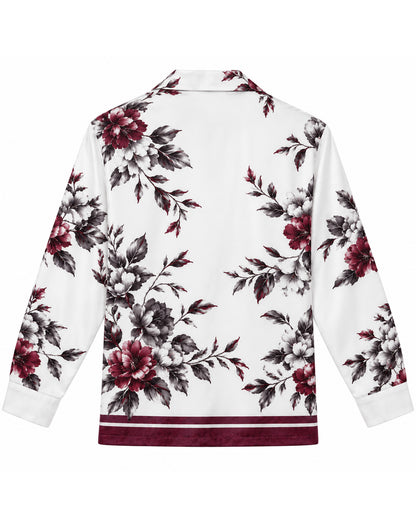 Wine Red Charcoal Peony Floral Retro Cuban Collar Shirt