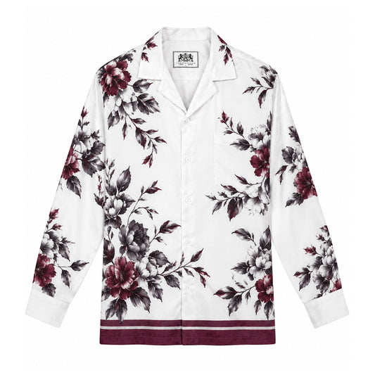 Burgundy and charcoal gray peony print long sleeve camp collar shirt