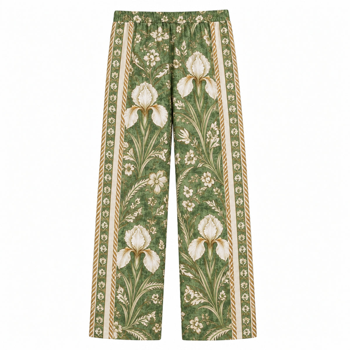 Emerald Grass Pattern Print Casual Trousers With Elastic Waistband