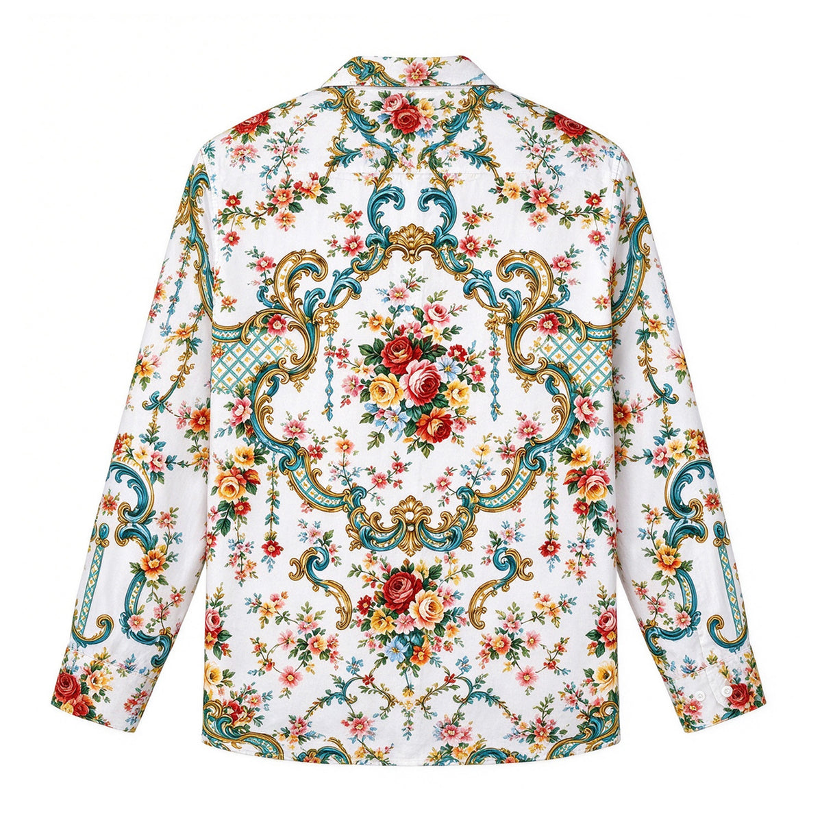 White Teal Gold Baroque Rose Print Long Sleeve Shirt