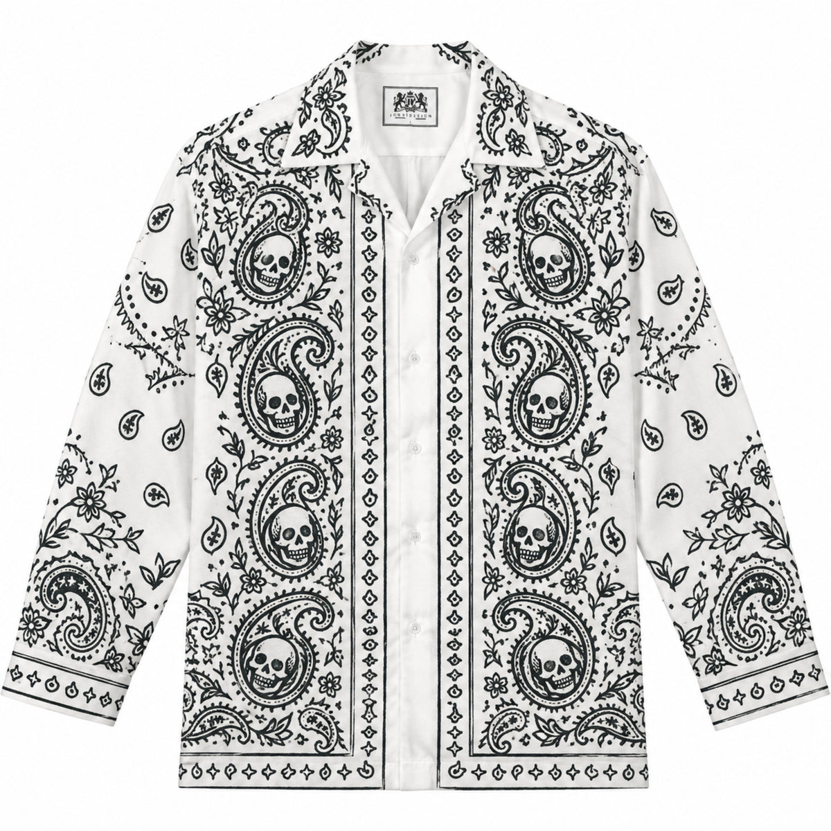 Skull Paisley Cashew Print Long Sleeve Camp Collar Shirt