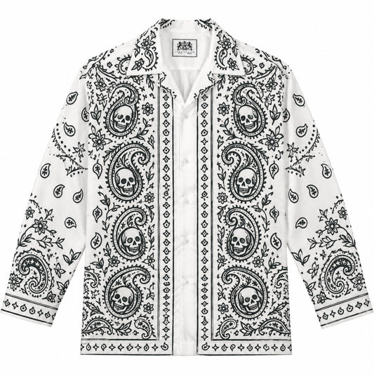 Skull Paisley Cashew Print Long Sleeve Camp Collar Shirt