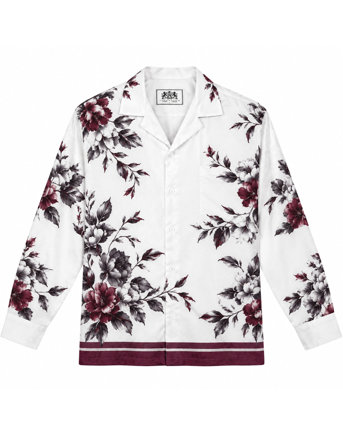 Wine Red Charcoal Peony Floral Retro Cuban Collar Shirt