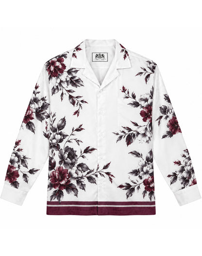 Wine Red Charcoal Peony Floral Retro Cuban Collar Shirt