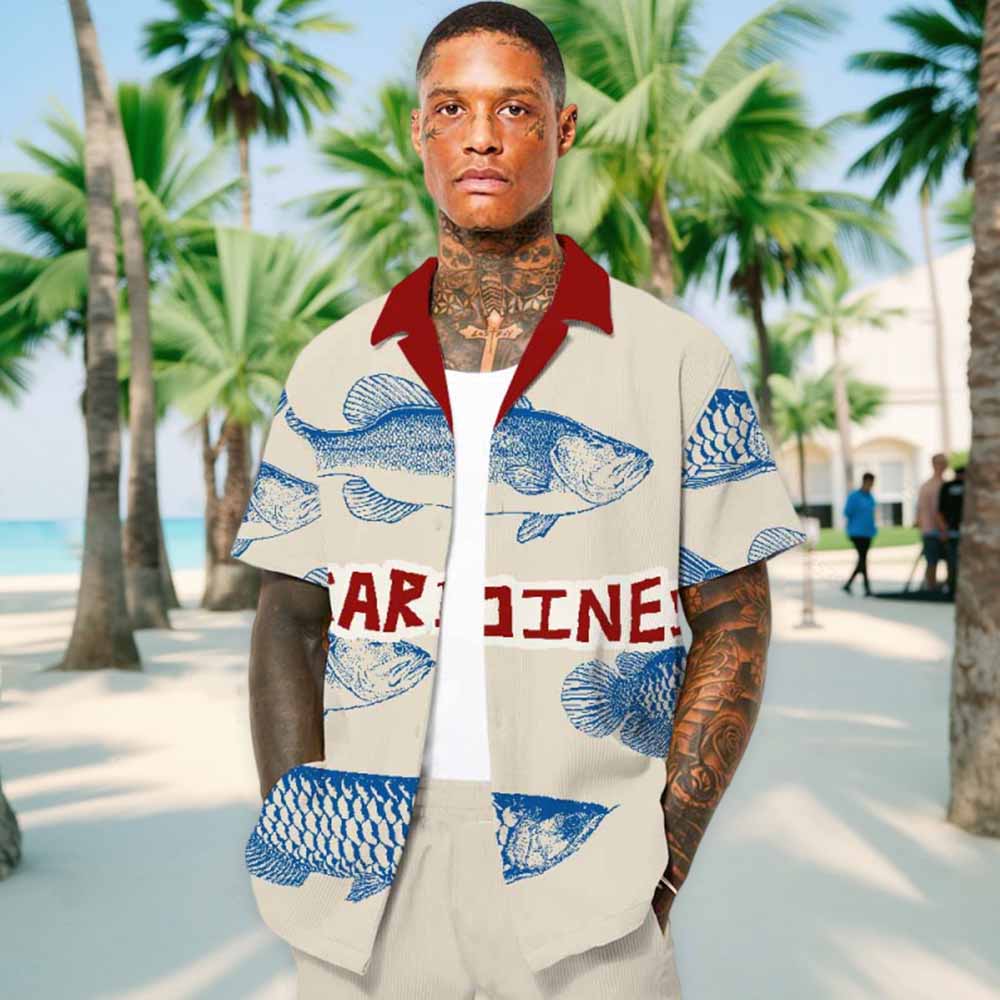 Resort Wear Marine Fish Print Elastic Waistband Summer Casual Shorts
