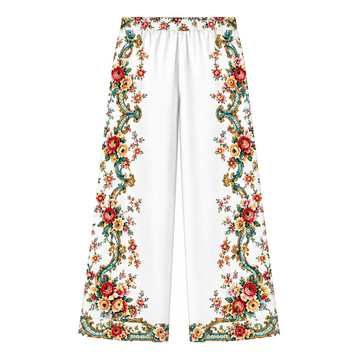 White Teal Gold Baroque Rose Print Long Sleeve Wide pants