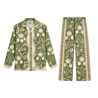 Emerald Grass Pattern Print Casual Trousers With Elastic Waistband