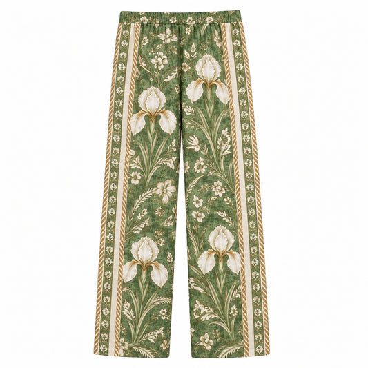 Emerald Grass Pattern Print Casual Trousers With Elastic Waistband