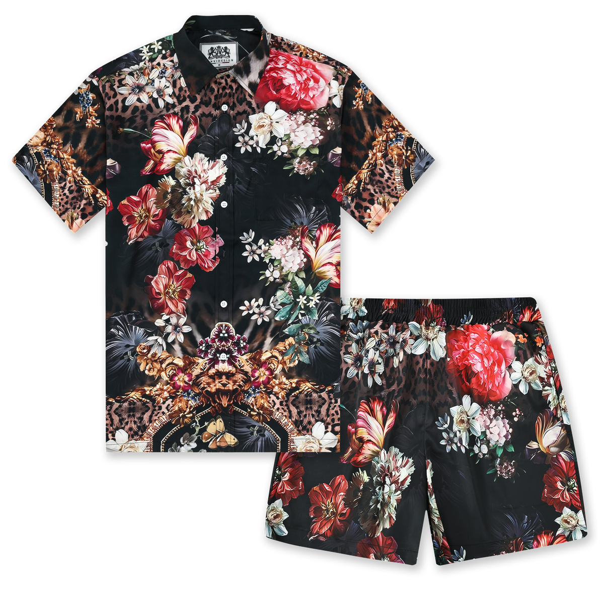 Leopard Printed Floral Silk Fiber Short Sleeve Casual Shirt